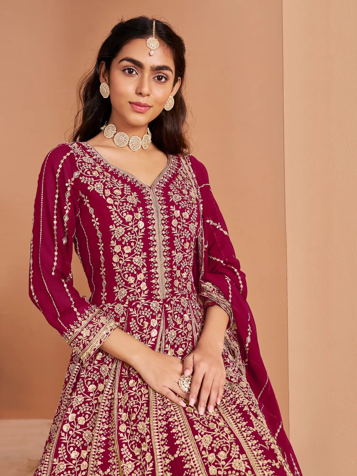 Dark Pink Georgette Gown With Sequence & Thread Embroidery Work