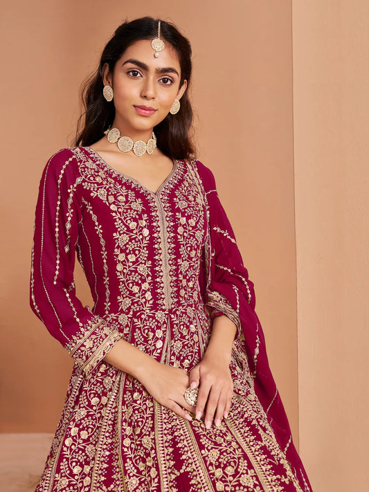 Dark Pink Georgette Gown With Sequence & Thread Embroidery Work
