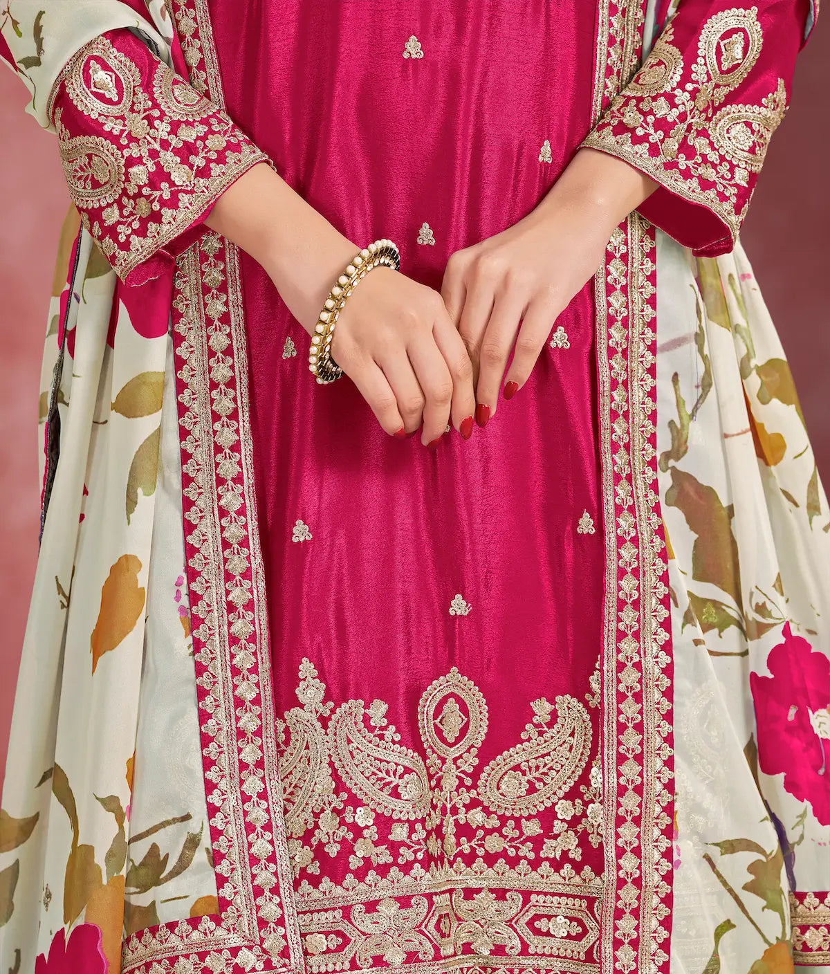 Hot Pink Chinon Embroidery Salwar suit With Organza Dupatta