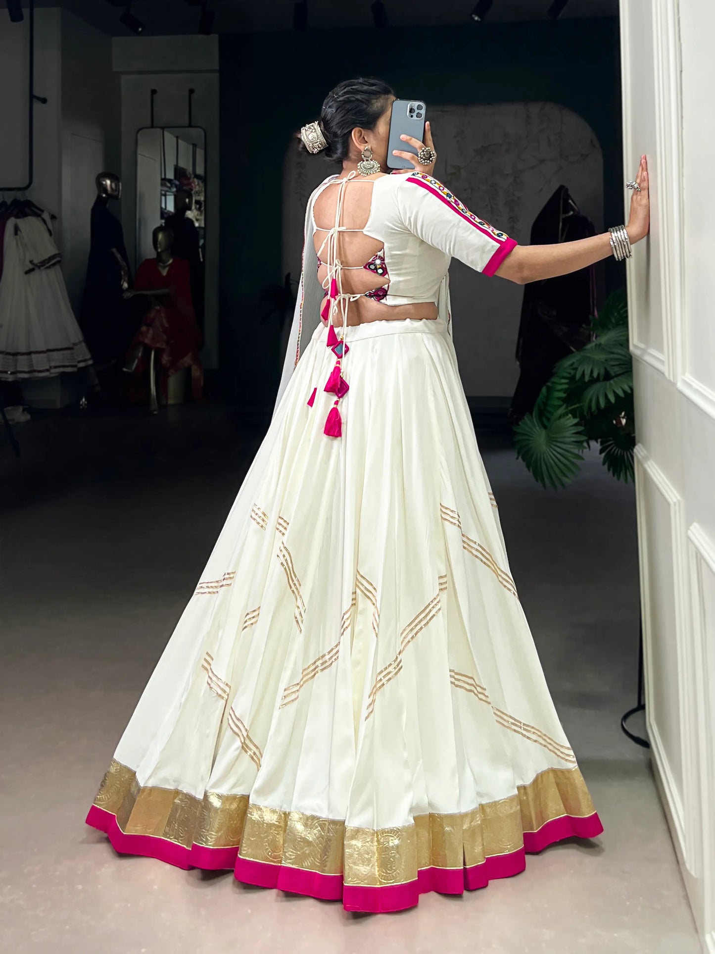 White Rayon Navratri Lehenga Choli With Lace Touch Up & Gamthi Work