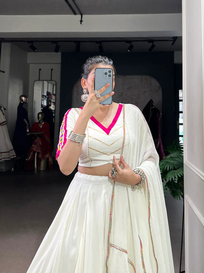 White Rayon Navratri Lehenga Choli With Lace Touch Up & Gamthi Work