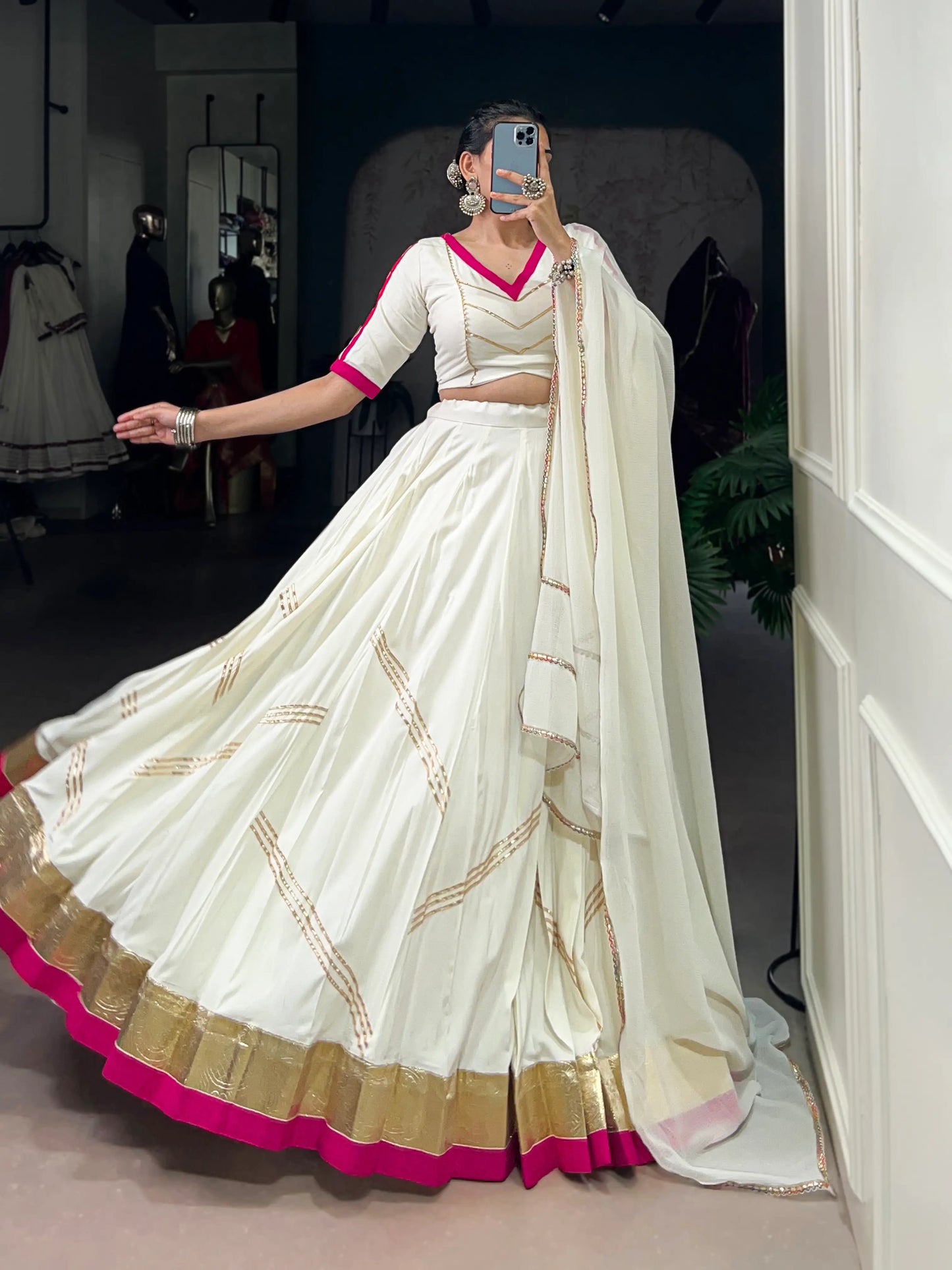 White Rayon Navratri Lehenga Choli With Lace Touch Up & Gamthi Work