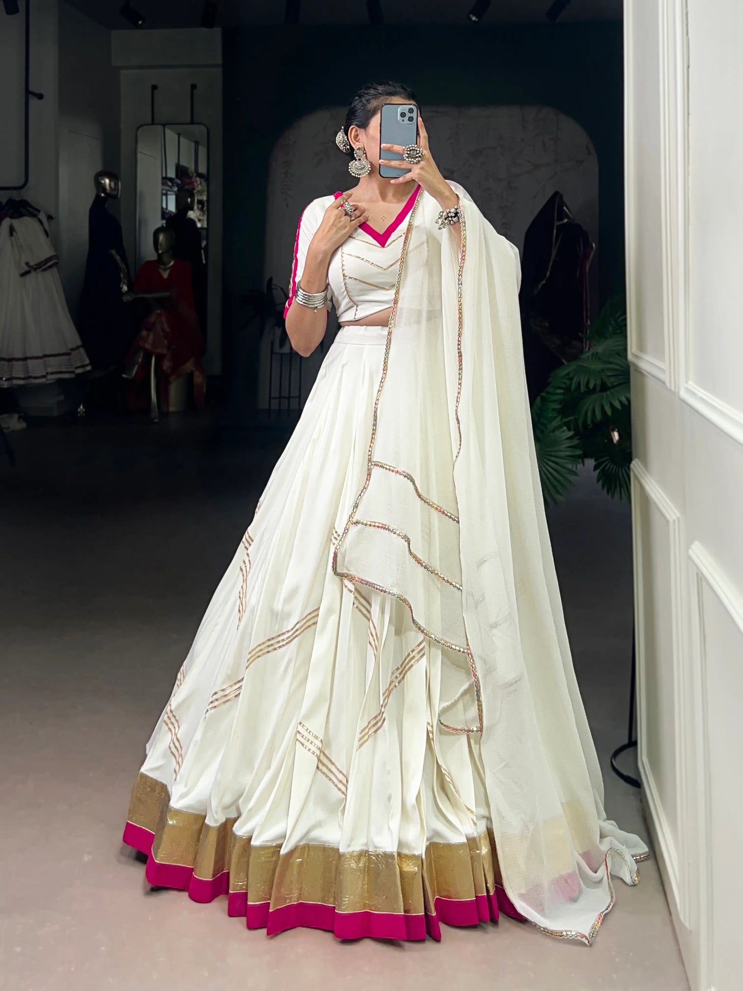 White Rayon Navratri Lehenga Choli With Lace Touch Up & Gamthi Work