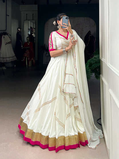 White Rayon Navratri Lehenga Choli With Lace Touch Up & Gamthi Work