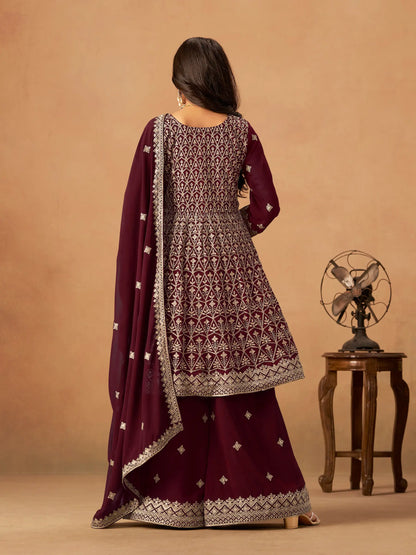 Maroon Georgette Embroidery Work Palazzo Set