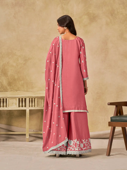 Peach Pink Chinon Embroidery Work Palazzo Suit