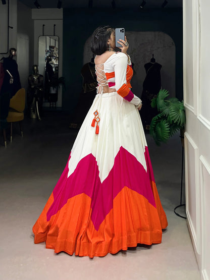 White Multicolor Rayon Gamthi Work Navratri Lehenga CHoli