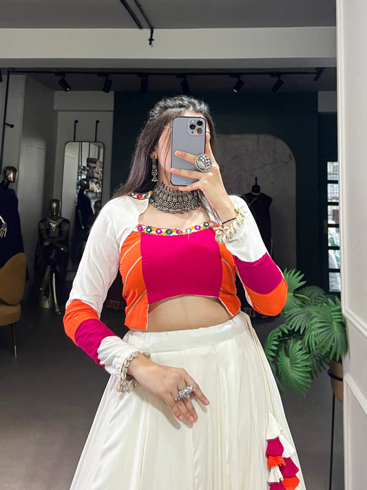 White Multicolor Rayon Gamthi Work Navratri Lehenga CHoli