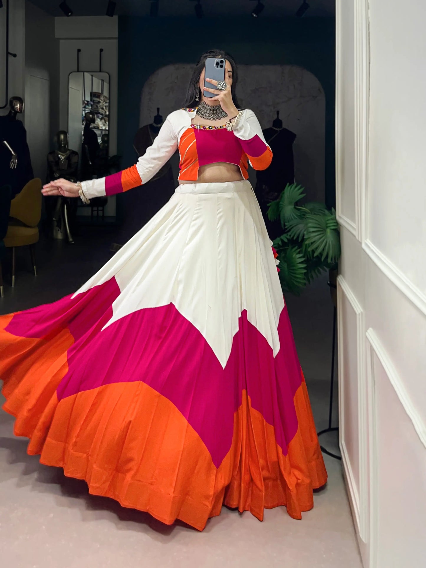 White Multicolor Rayon Gamthi Work Navratri Lehenga CHoli