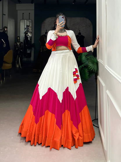 White Multicolor Rayon Gamthi Work Navratri Lehenga CHoli