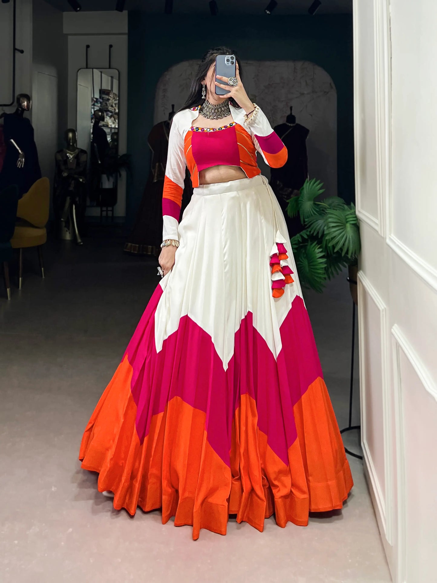 White Multicolor Rayon Gamthi Work Navratri Lehenga CHoli