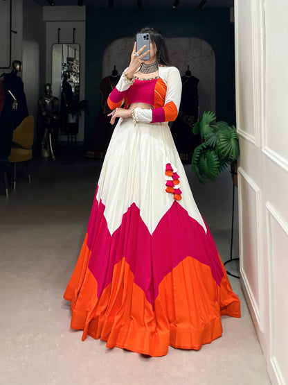 White Multicolor Rayon Gamthi Work Navratri Lehenga CHoli