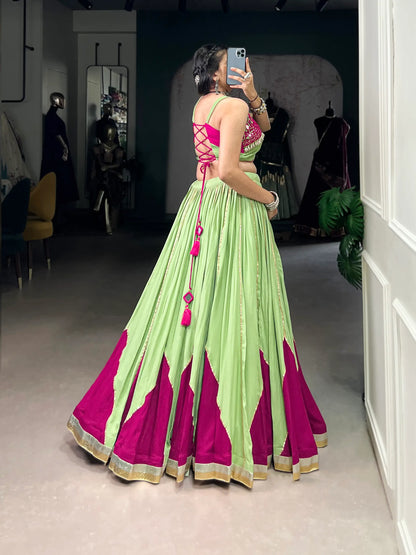 Parrot Green Rayon Navratri Lehenga Choli With Mirror Work & Lace Touch Up