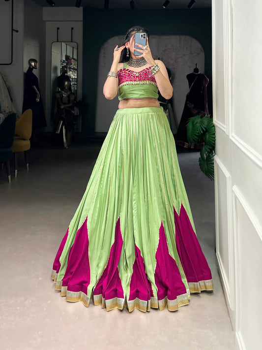 Parrot Green Rayon Navratri Lehenga Choli With Mirror Work & Lace Touch Up