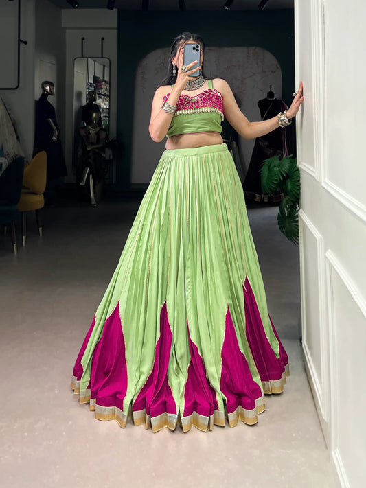 Parrot Green Rayon Navratri Lehenga Choli With Mirror Work & Lace Touch Up