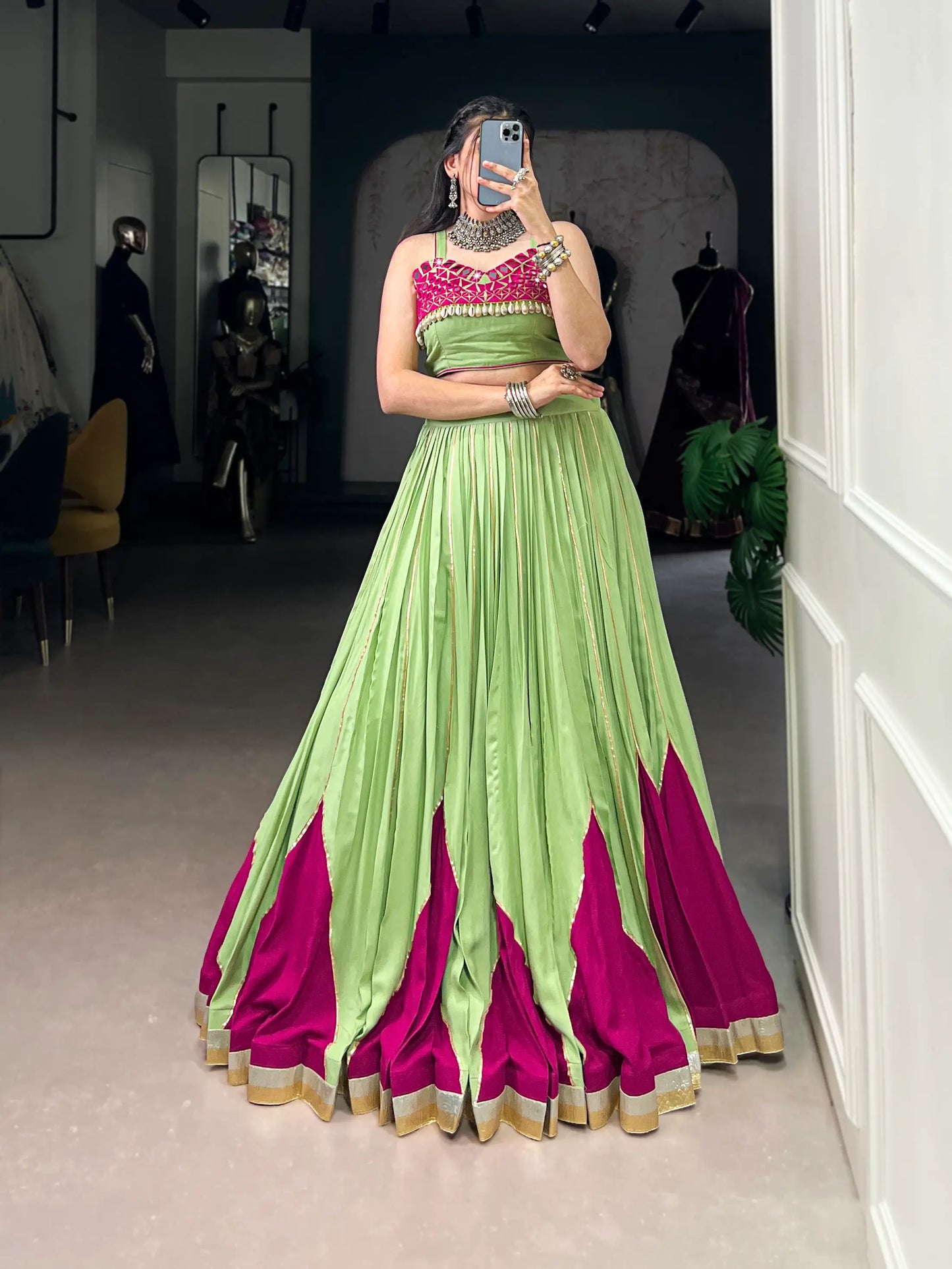 Parrot Green Rayon Navratri Lehenga Choli With Mirror Work & Lace Touch Up