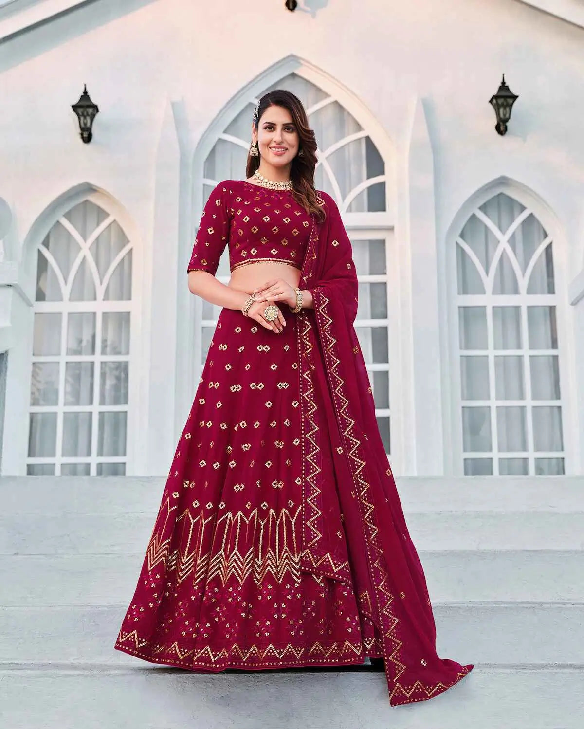 Dark Pink Georgette Thread with Sequence Embroidery Work Lehenga Choli