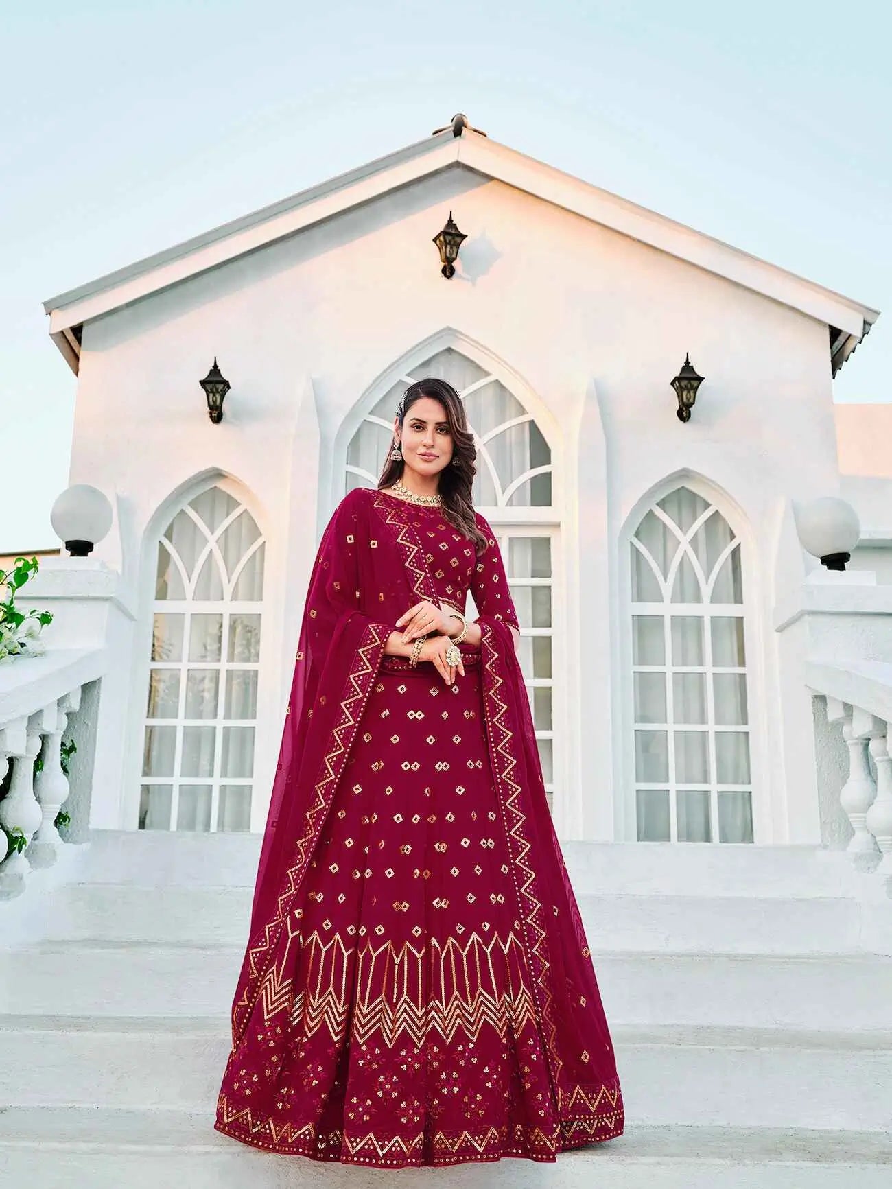 Dark Pink Georgette Thread with Sequence Embroidery Work Lehenga Choli