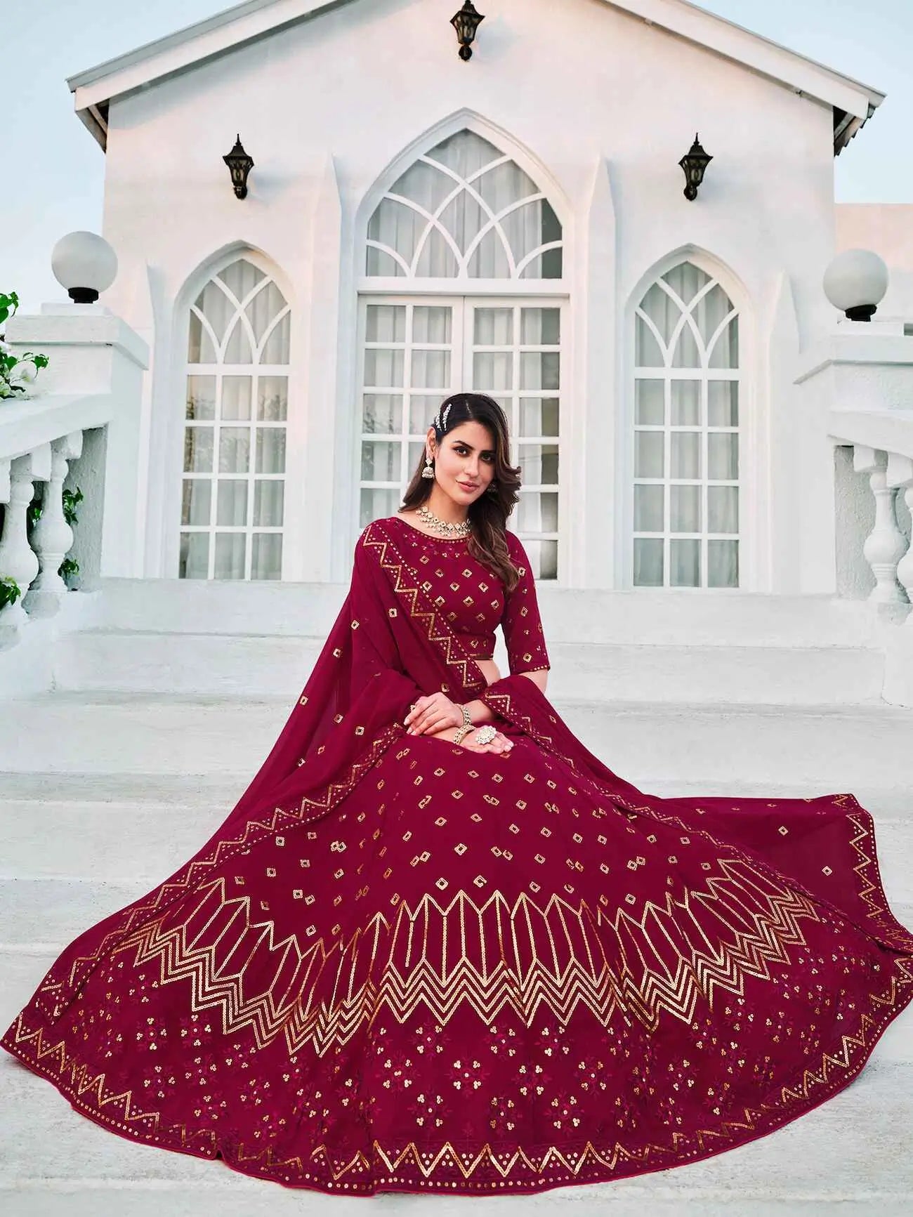 Dark Pink Georgette Thread with Sequence Embroidery Work Lehenga Choli