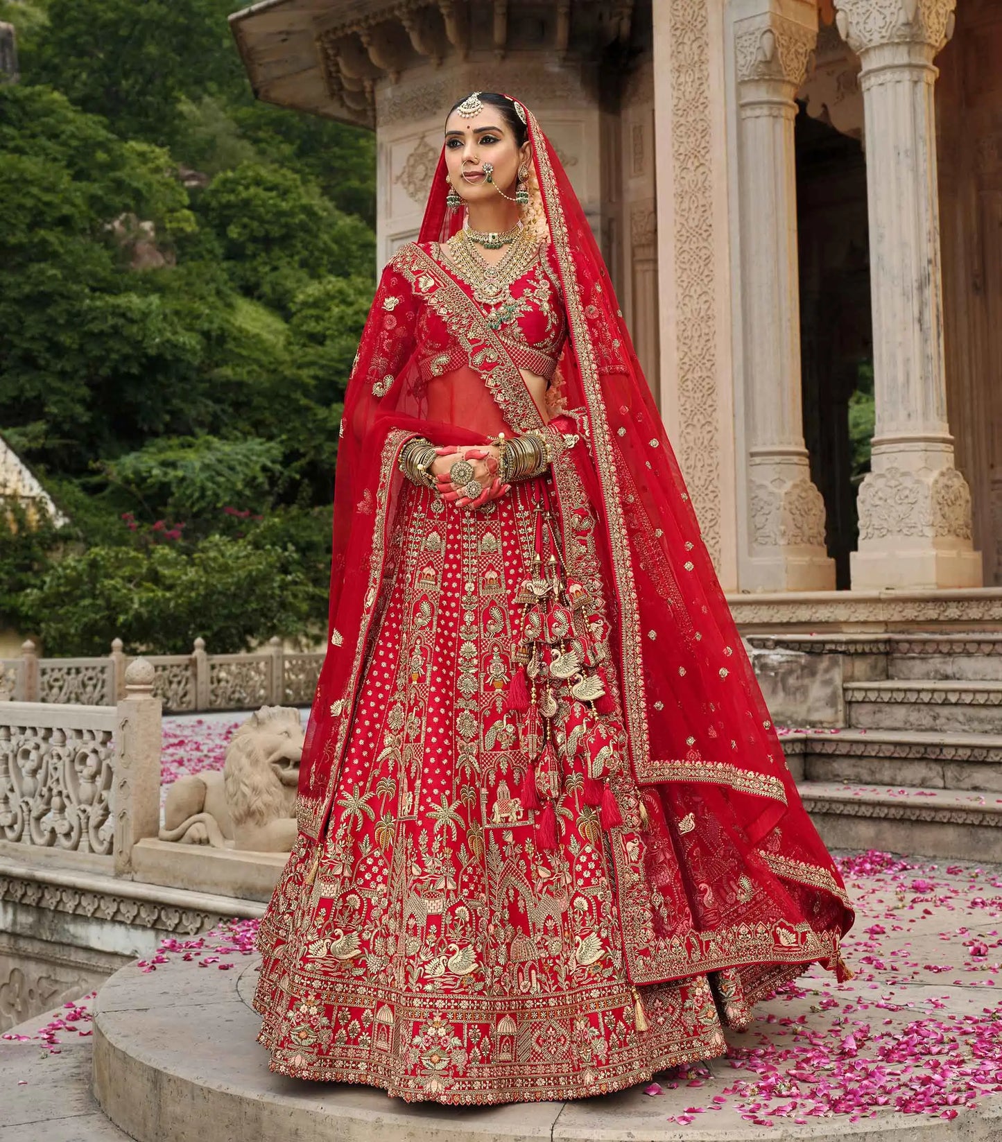 Cornel Red Bridal Lehenga Khatli Embroidery & 2 Dupatta