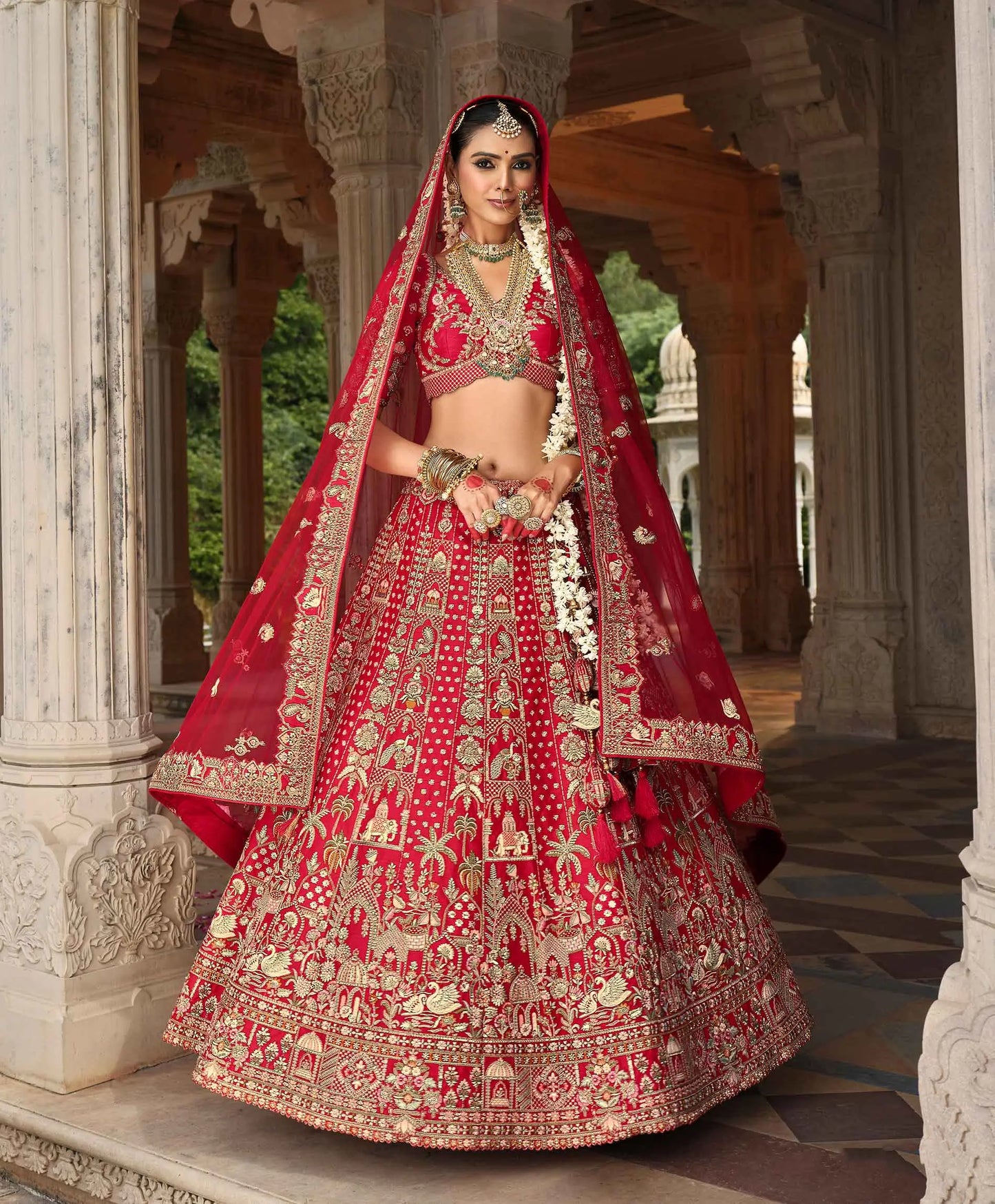 Cornel Red Bridal Lehenga Khatli Embroidery & 2 Dupatta