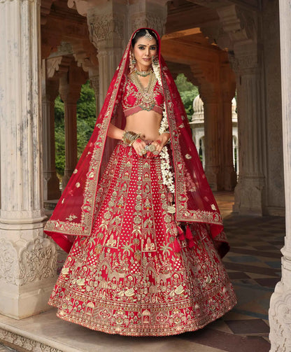 Cornel Red Bridal Lehenga Khatli Embroidery & 2 Dupatta