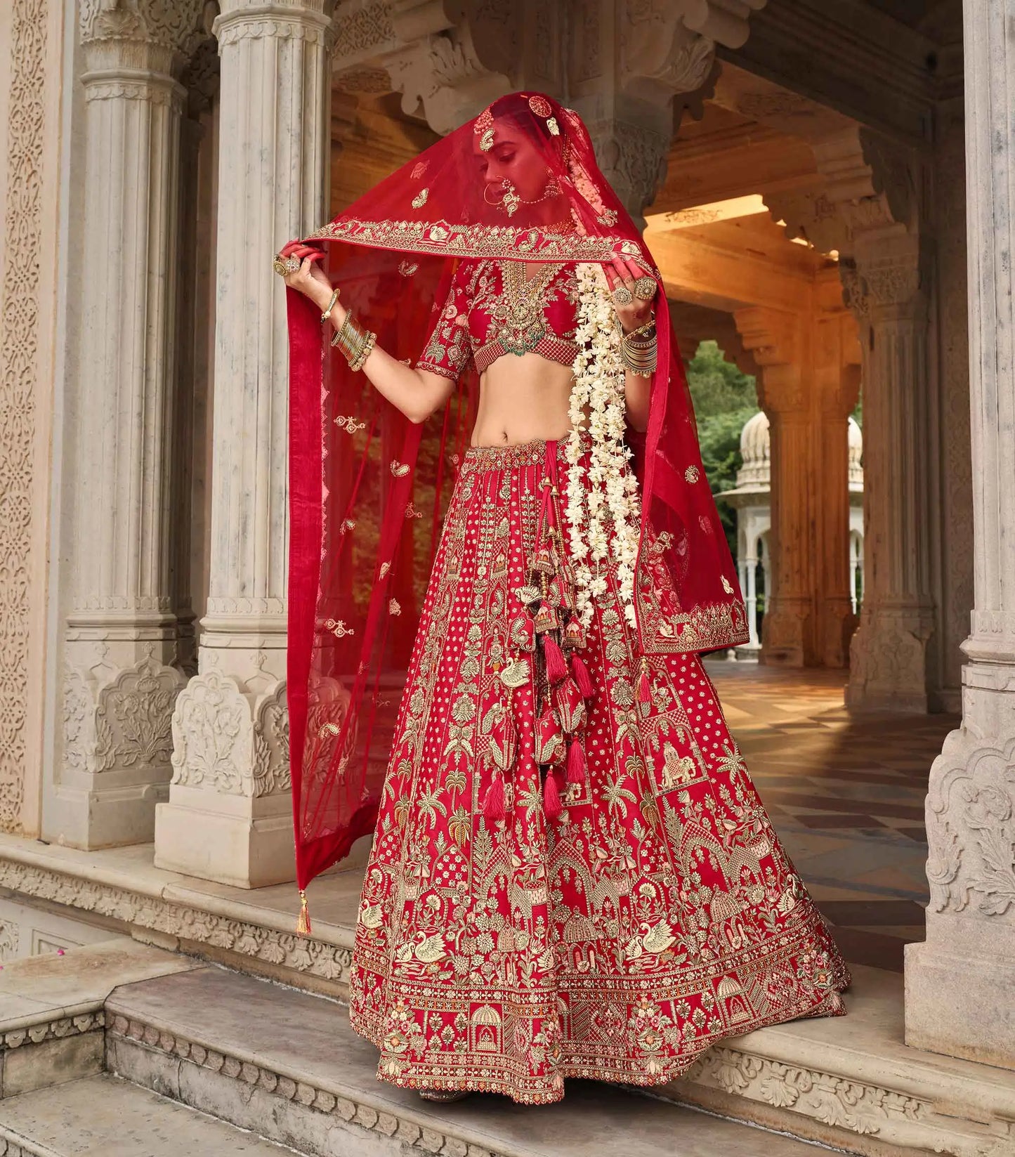 Cornel Red Bridal Lehenga Khatli Embroidery & 2 Dupatta