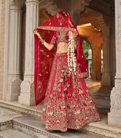 Cornel Red Bridal Lehenga Khatli Embroidery & 2 Dupatta