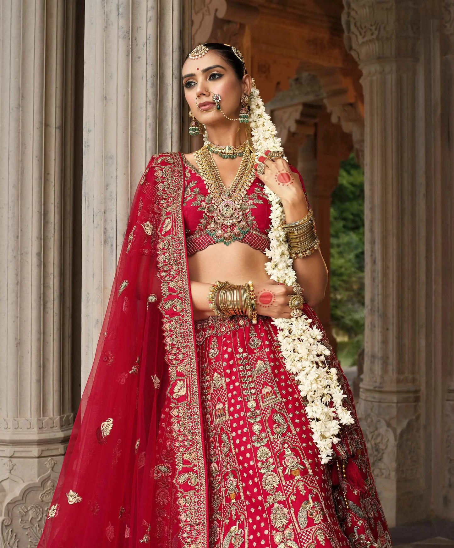 Cornel Red Bridal Lehenga Khatli Embroidery & 2 Dupatta