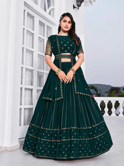 Teal Green Georgette Thread with Sequence Embroidery Work Lehenga Choli