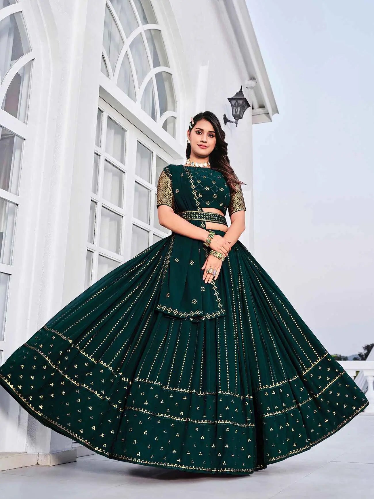 Teal Green Georgette Thread with Sequence Embroidery Work Lehenga Choli