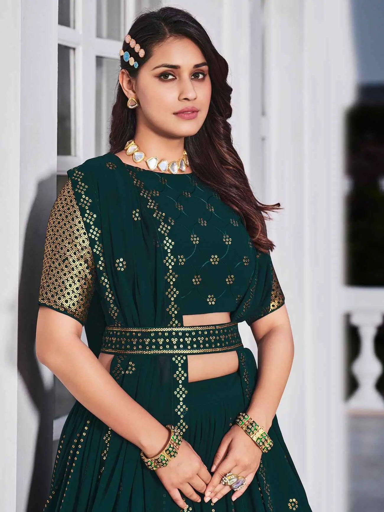 Teal Green Georgette Thread with Sequence Embroidery Work Lehenga Choli