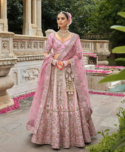 Peach Pink Bridal Lehenga Khatli Embroidery & 2 Dupatta