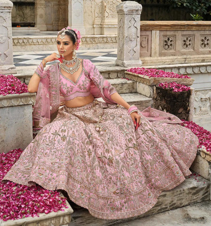 Peach Pink Bridal Lehenga Khatli Embroidery & 2 Dupatta