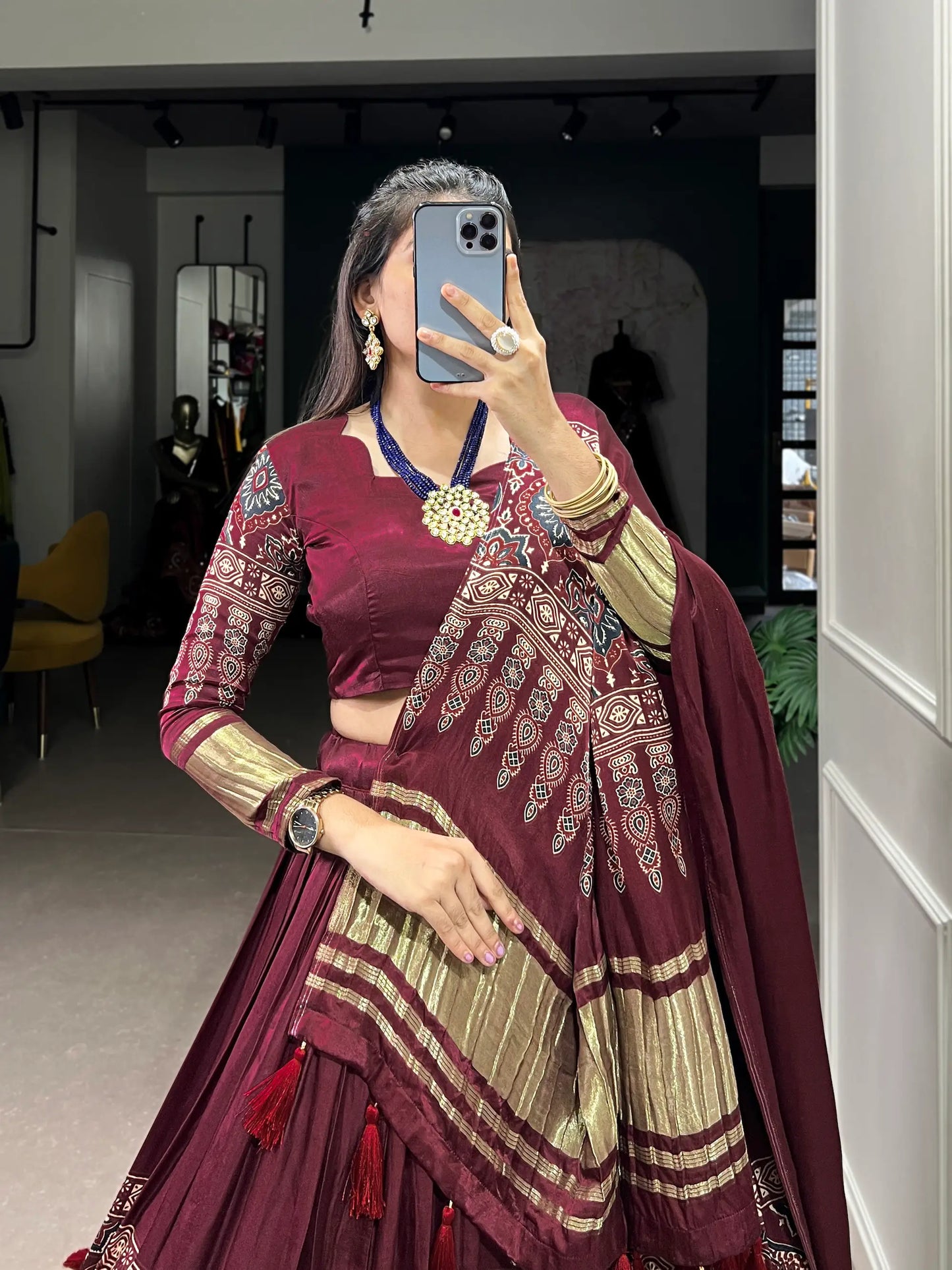 Maroon Traditionally Printed Gaji Silk Lehenga Choli