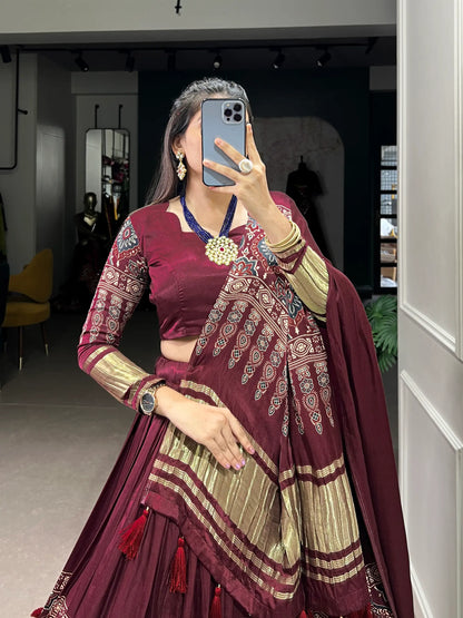 Maroon Traditionally Printed Gaji Silk Lehenga Choli