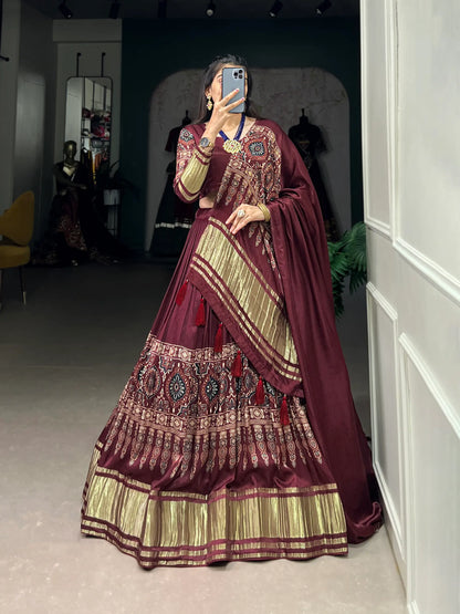 Maroon Traditionally Printed Gaji Silk Lehenga Choli