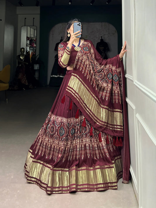 Maroon Traditionally Printed Gaji Silk Lehenga Choli