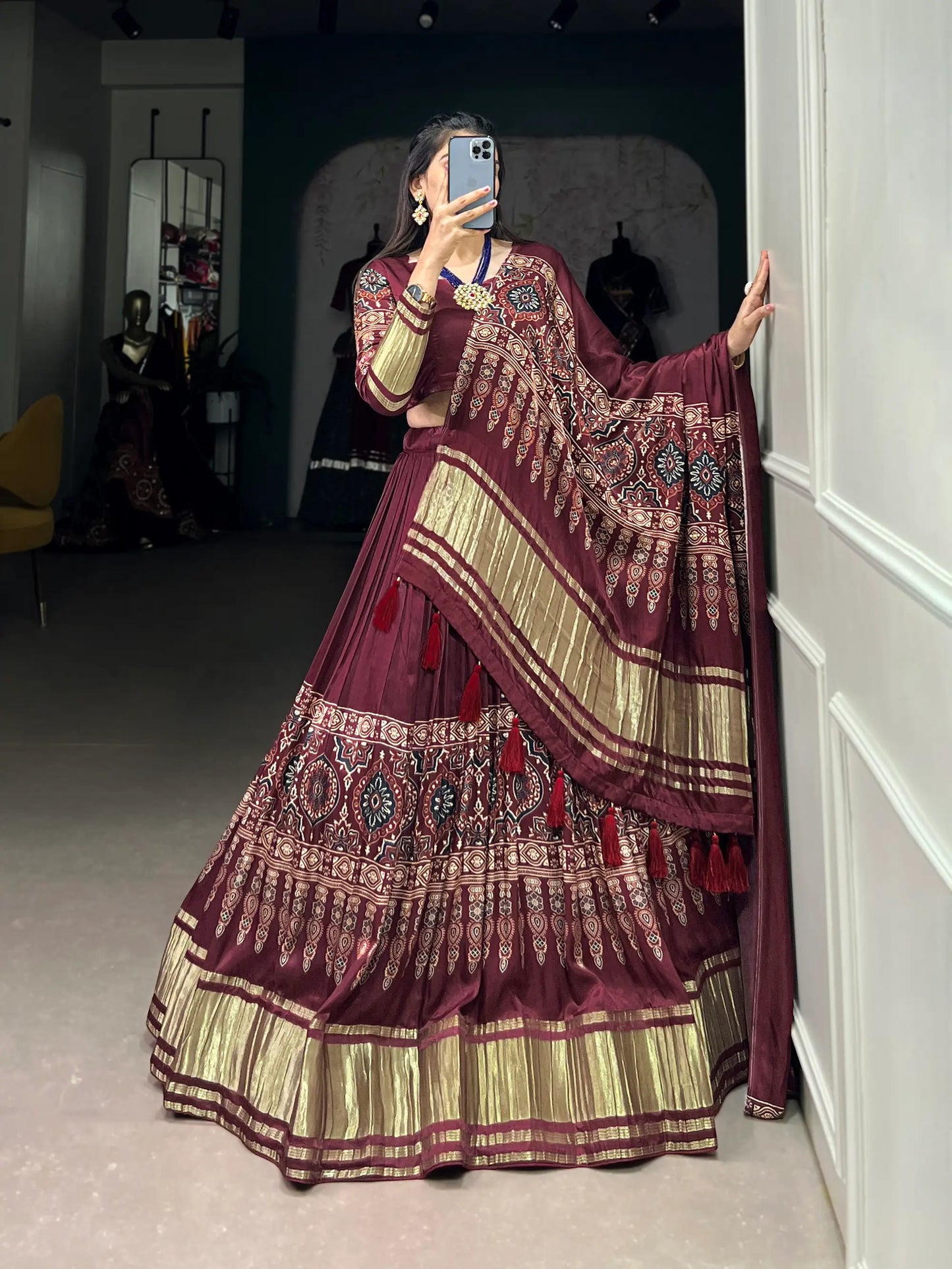 Maroon Traditionally Printed Gaji Silk Lehenga Choli