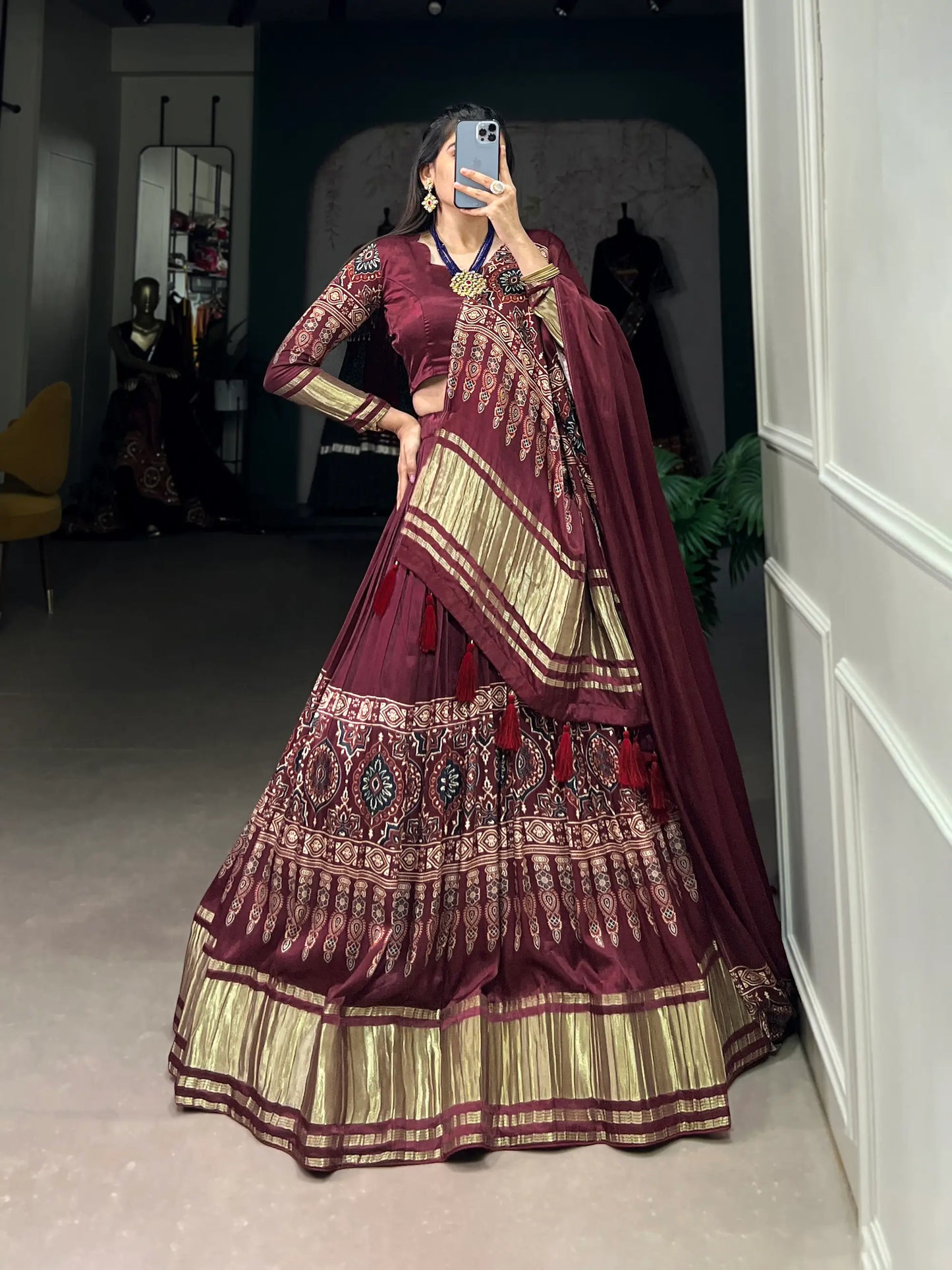 Maroon Traditionally Printed Gaji Silk Lehenga Choli