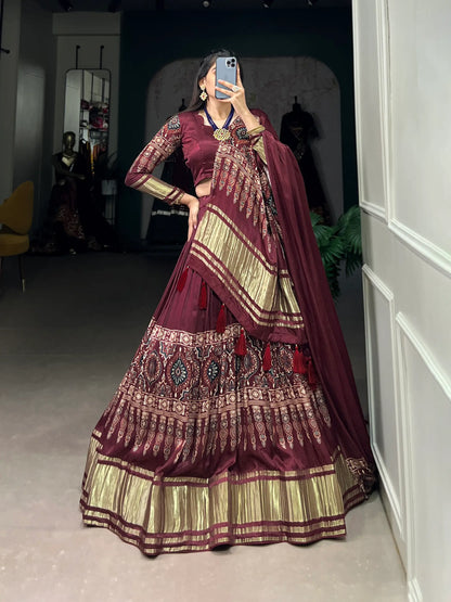 Maroon Traditionally Printed Gaji Silk Lehenga Choli