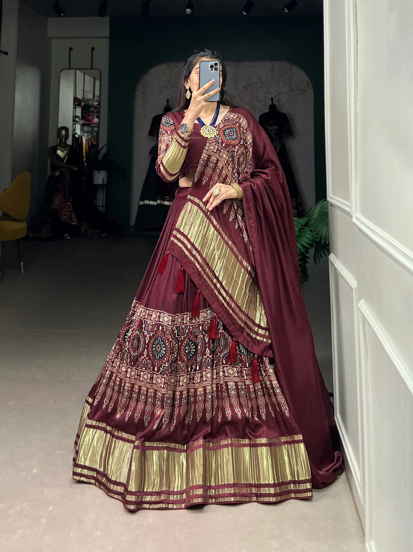 Maroon Traditionally Printed Gaji Silk Lehenga Choli