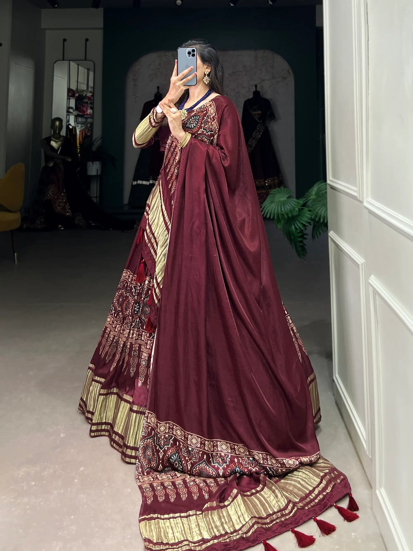 Maroon Traditionally Printed Gaji Silk Lehenga Choli