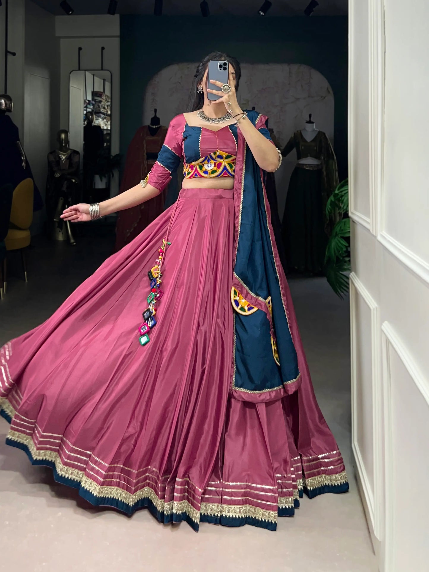 Tulip Pink Crepe Silk Gamthi Work Navratri Lehenga Choli