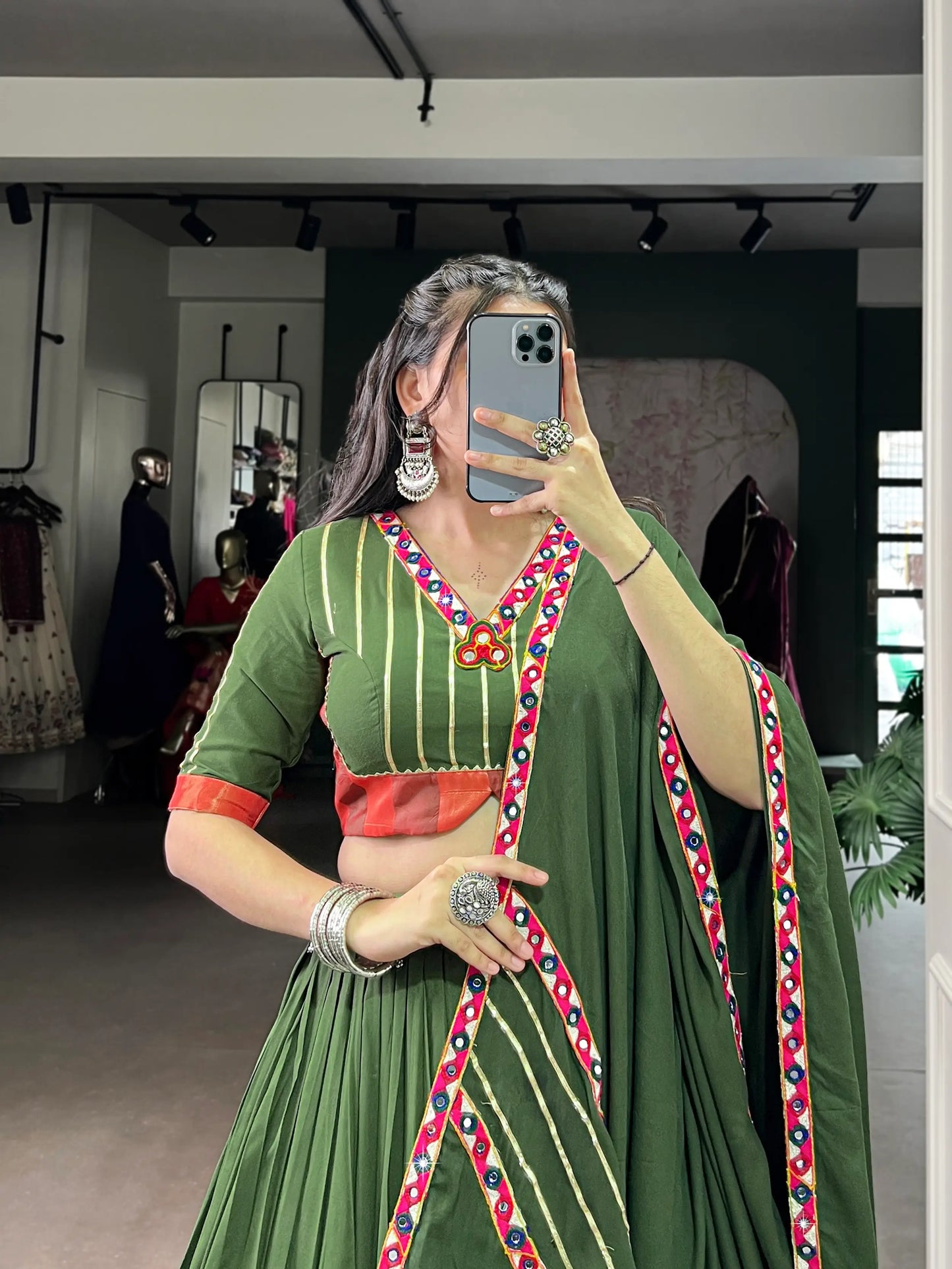 Olive Green Rayon Navratri Lehenga Choli With Gamthi Work