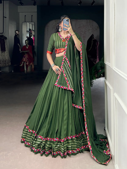 Olive Green Rayon Navratri Lehenga Choli With Gamthi Work