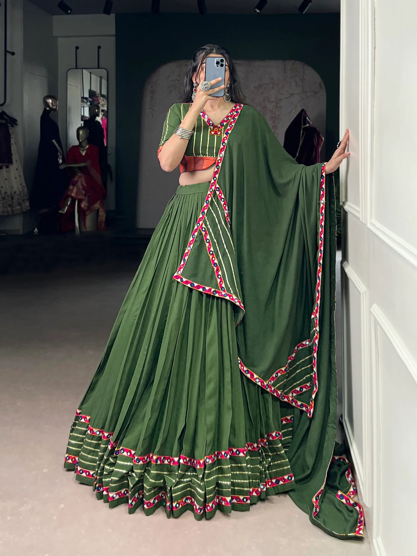 Olive Green Rayon Navratri Lehenga Choli With Gamthi Work