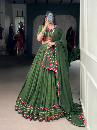 Olive Green Rayon Navratri Lehenga Choli With Gamthi Work