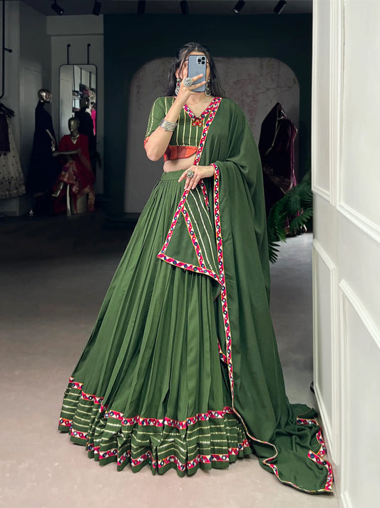 Olive Green Rayon Navratri Lehenga Choli With Gamthi Work