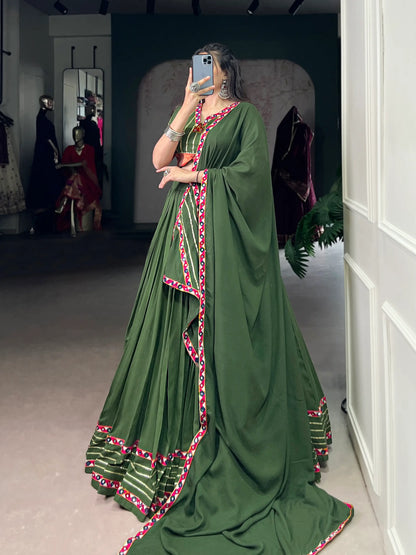 Olive Green Rayon Navratri Lehenga Choli With Gamthi Work